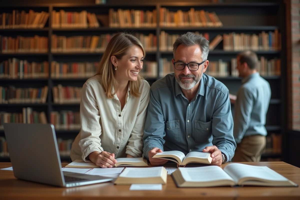 Deux adultes consultant des livres généalogiques et la base Roglo sur un ordinateur portable dans une bibliothèque publique