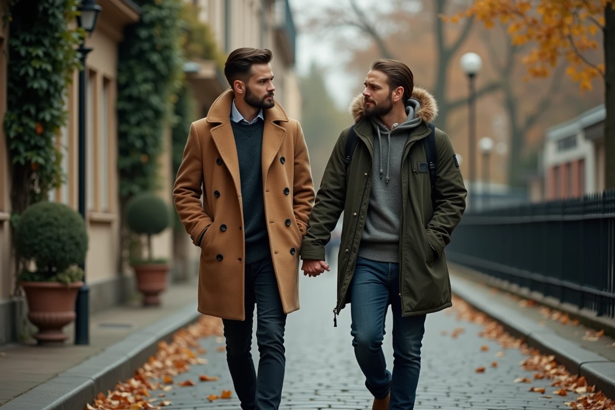 Deux hommes marchant côte à côte dans une rue pavée parisienne en automne, atmosphère discrète évoquant une relation ambiguë