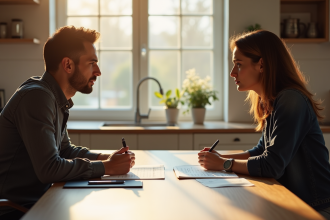 Un couple sérieux discute à une table moderne en matinée