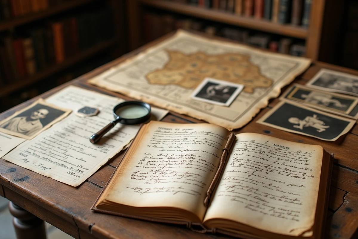 Documents généalogiques, certificats anciens et portraits de famille sépia disposés sur une table en bois dans une archive française