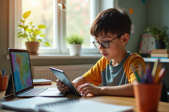 Jeune lyceen concentré sur une tablette pour ses devoirs