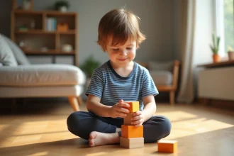 Enfant de 4 ans jouant avec des cubes en bois colorés sur un parquet, concentré et souriant, jeu calme pour canaliser l'énergie
