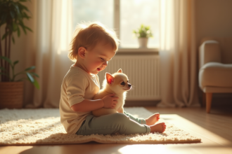 Jeune enfant tenant un petit chihuahua dans un salon ensoleille