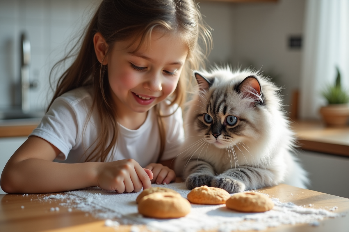 Fille cuisinant avec son chat persan dans la cuisine lumineuse