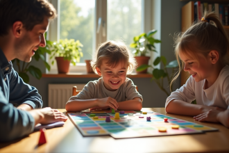 Enfant de 8 ans jouant à un jeu éducatif en famille