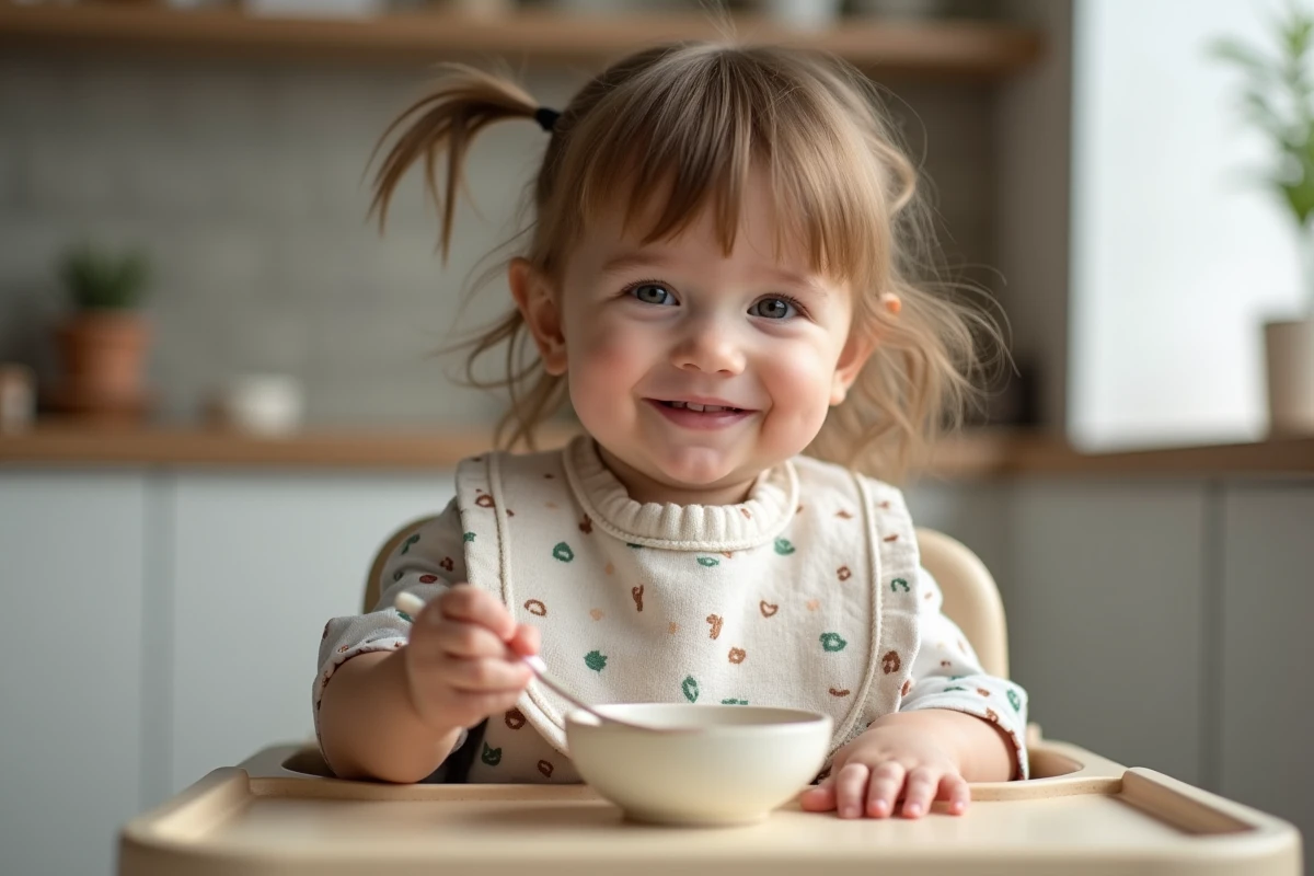 Petite fille de 18 mois souriante avec une cuillère au petit déjeuner