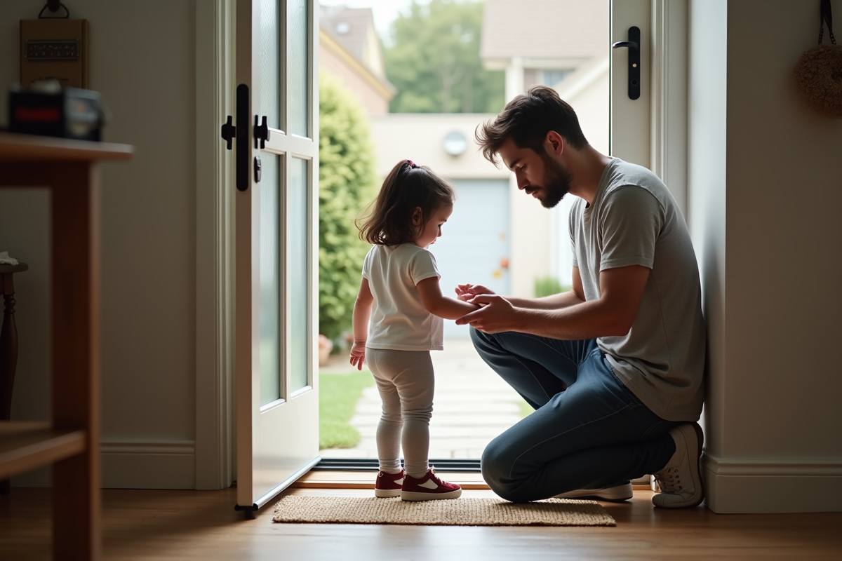 Petite fille attachant ses chaussures près de la porte d