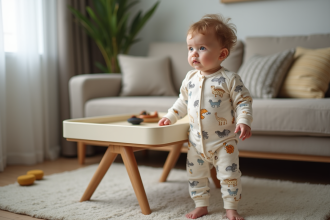 Bébé en body animalier dans un salon cosy