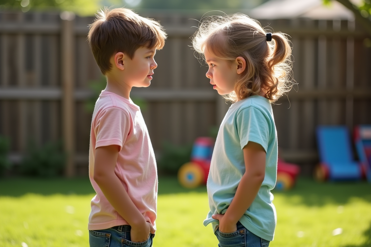 Enfants discutant dans un jardin ensoleille
