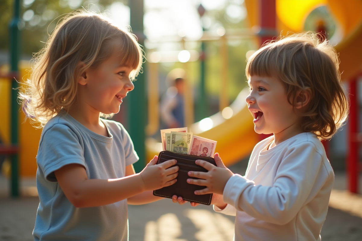 Enfants échangeant un portefeuille en plein air