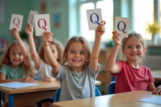 Groupe d'enfants français levant des cartes avec la lettre Q en classe