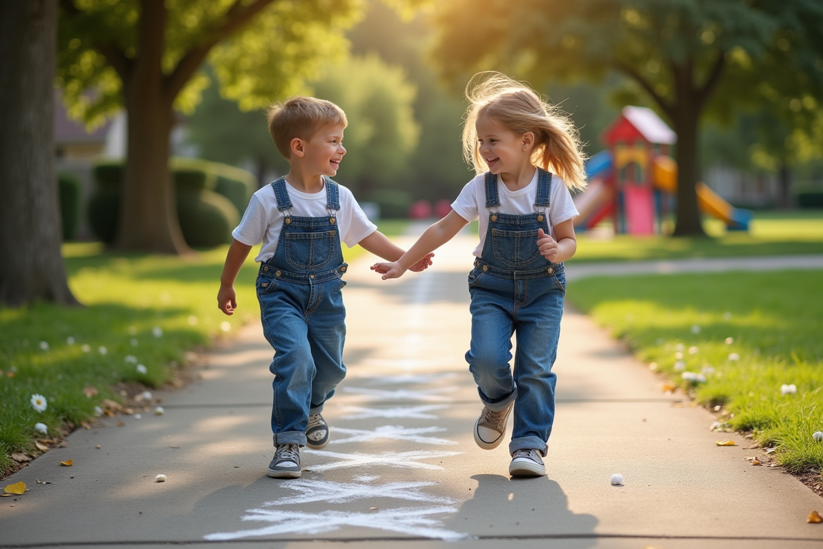 Deux enfants jouent à la marelle dans un parc ensoleille
