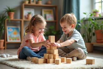 Deux enfants construisent une tour en bois dans un salon cosy