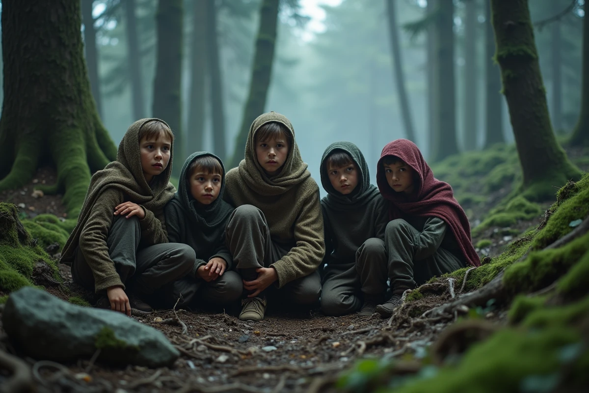 Groupe d'enfants en habits médiévaux perdus dans une clairière brumeuse de la forêt, évoquant les frères du Petit Poucet abandonnés par leurs parents