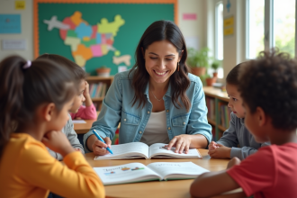 Enseignante souriante avec enfants découvrant la démocratie