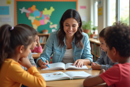 Enseignante souriante avec enfants découvrant la démocratie