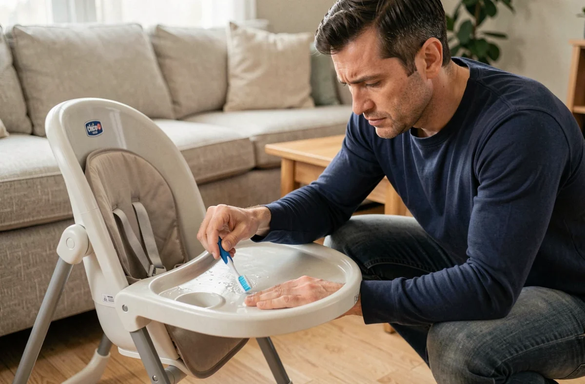 Homme nettoyant les recoins du plateau de la chaise haute Chicco Polly Magic Relax avec une brosse souple dans un salon familial
