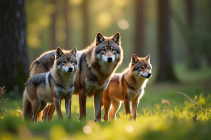Famille de loups dans une forêt ensoleillée