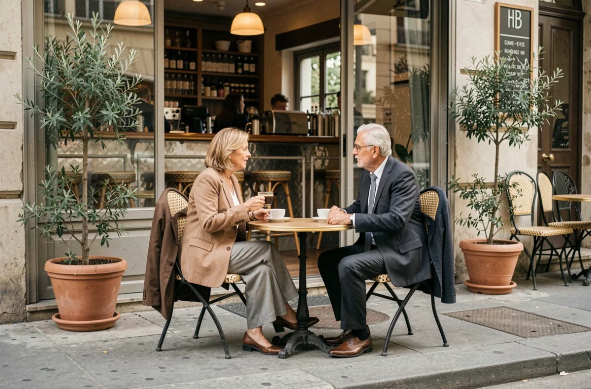 Couple de personnes âgées en tenue élégante discutant discrètement en terrasse de café parisien, symbole de la confidentialité familiale face aux médias