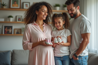 Famille heureuse avec chaussures de bébé dans le salon