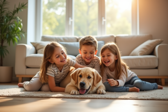 Famille heureuse jouant avec un chiot labrador dans un salon lumineux