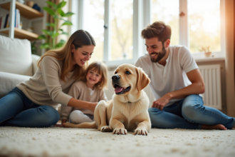 Famille heureuse jouant avec un chiot labrador dans le salon lumineux