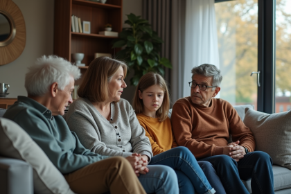Famille multigenerations dans un salon moderne en tension