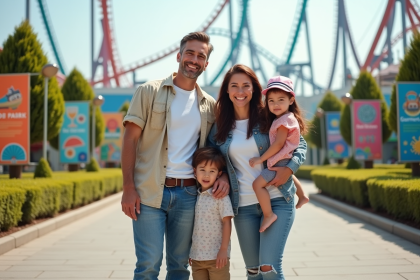 Famille de quatre devant un grand parc d'attractions