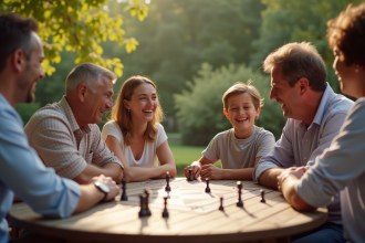 Famille Kennedy-like riant autour d'une table en plein air