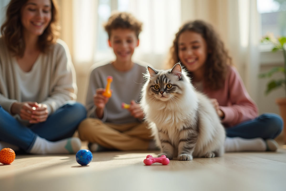 Famille souriante jouant avec un chat persan dans le salon