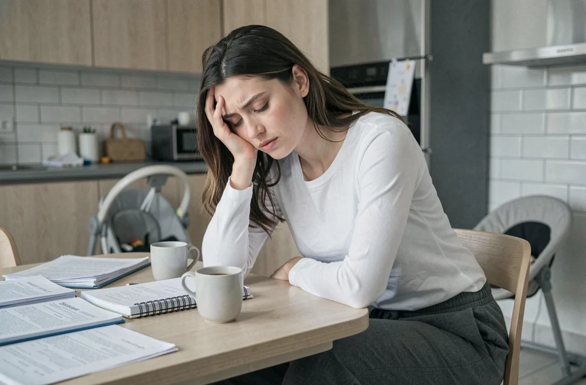 Jeune mère épuisée à la table de cuisine jonchée de documents pendant son congé maternité