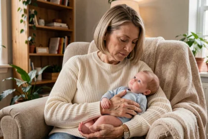 Femme adulte tenant un bébé reborn en silicone dans un salon chaleureux, loisir apaisant et thérapeutique