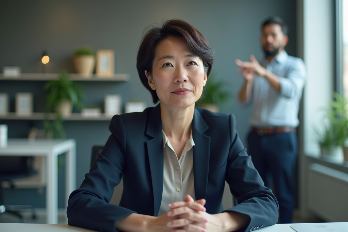 Femme d'affaires calme au bureau avec collègue tendu