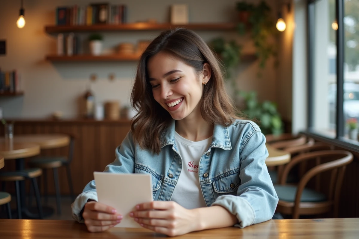 Jeune femme souriante avec carte d anniversaire dans un café