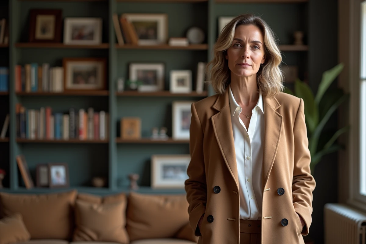 Femme élégante dans un appartement parisien décoré avec goût, portrait intimiste évoquant la vie familiale et privée
