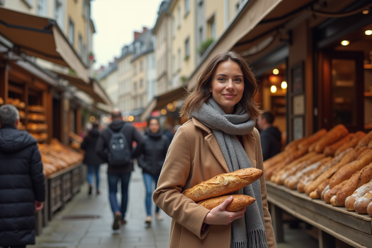 Femme avec baguette dans un marché breton