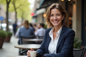 Femme souriante dans un café en plein air au printemps
