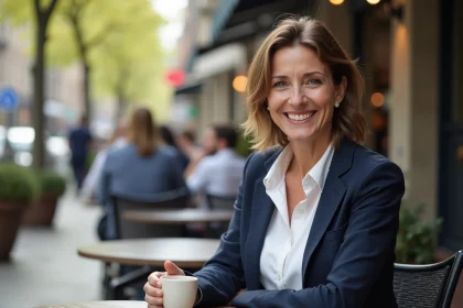 Femme souriante dans un café en plein air au printemps