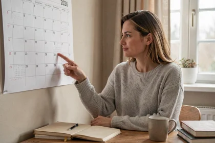 Femme consultant un calendrier 2026 pour identifier une semaine paire ou impaire dans un bureau à domicile