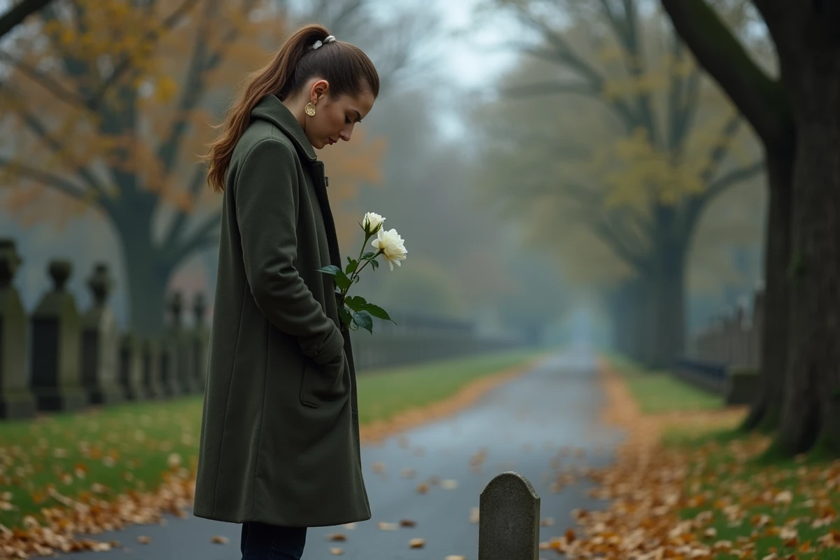 Femme debout seule dans un cimetière en automne tenant une rose blanche devant la tombe de son père, atmosphère de recueillement