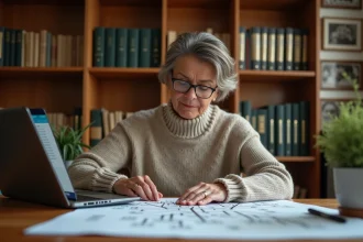 Femme consultant un arbre généalogique imprimé et la base Roglo sur son ordinateur portable dans un bureau à domicile