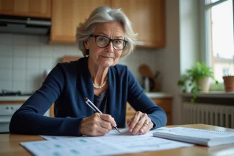 Femme d'âge moyen consultant un calendrier de versement RSA avec des documents administratifs sur une table de cuisine