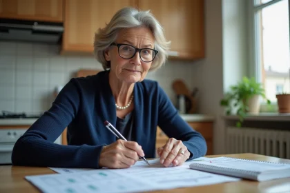 Femme d'âge moyen consultant un calendrier de versement RSA avec des documents administratifs sur une table de cuisine