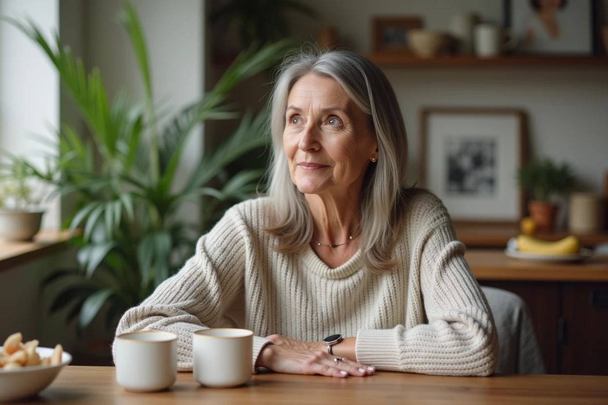 Femme adulte en conversation dans une cuisine chaleureuse