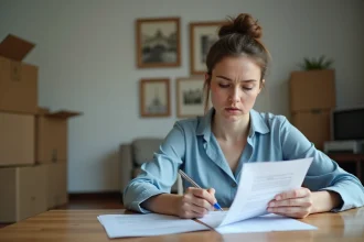 Femme remplissant des formulaires administratifs de changement de CAF dans un appartement avec des cartons de déménagement en arrière-plan