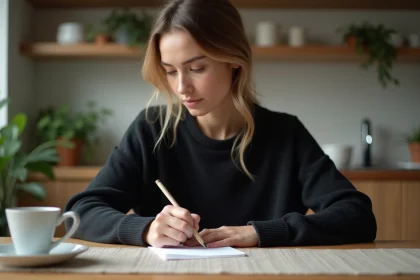 Femme écrivant une carte de condoleance dans la cuisine