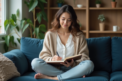 Femme écrivant dans un salon cosy avec plantes vertes