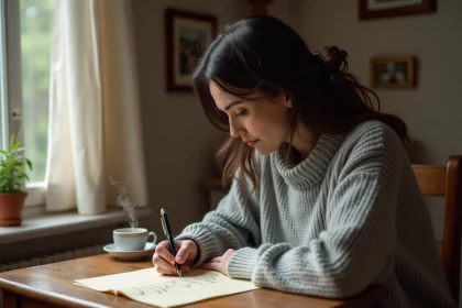 Femme écrivant une lettre d'anniversaire à son père décédé, assise à un bureau en bois avec des photos de famille floues en arrière-plan