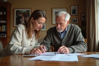 Femme d'âge moyen aidant un homme âgé à examiner des documents