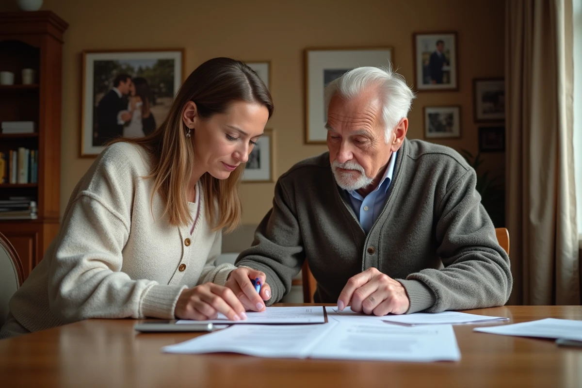 Femme d'âge moyen aidant un homme âgé à examiner des documents